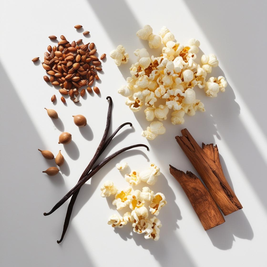 Popcorn, vanilla and wood representing the olfactory notes of the perfume.