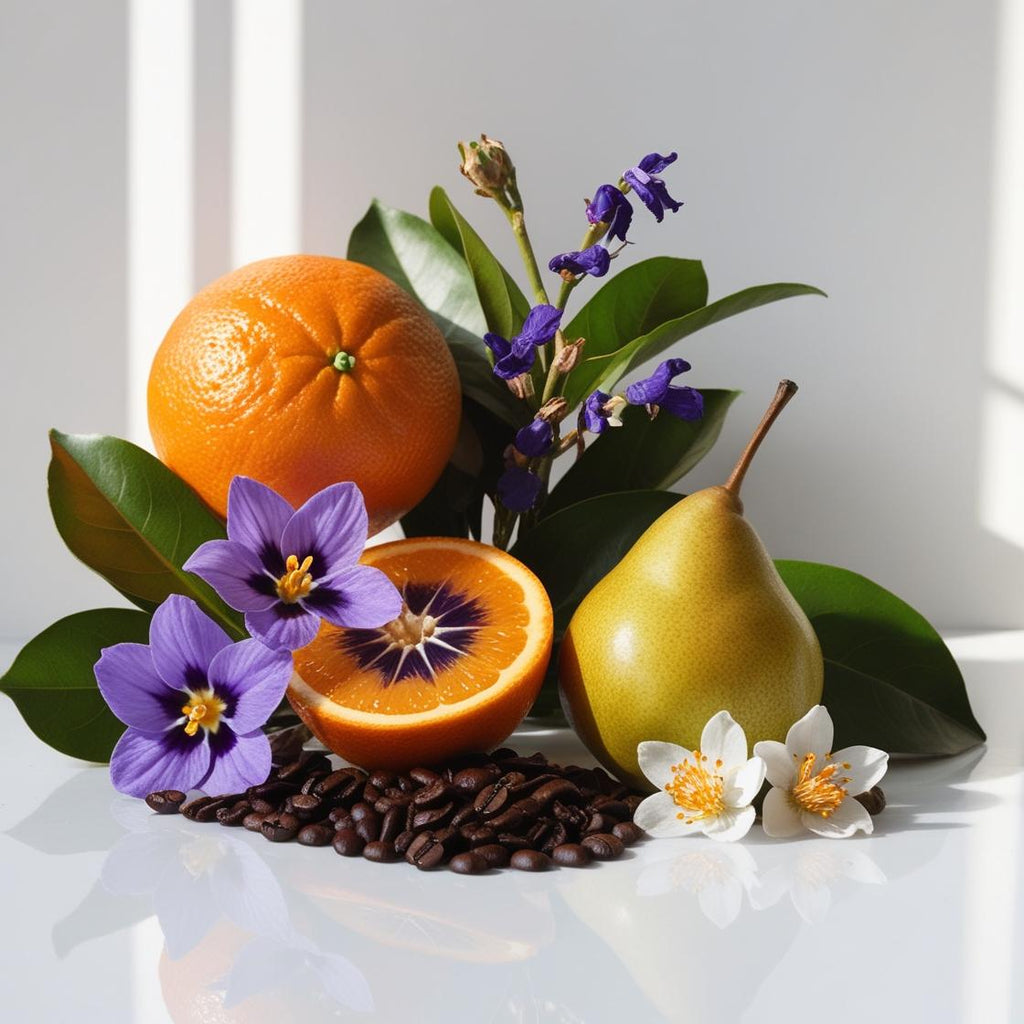 Orange, violet, pear and coffee beans representing the olfactory notes of the perfume.