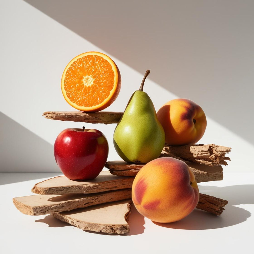 Cedar, pear, red apple and orange representing the olfactory notes of the perfume.