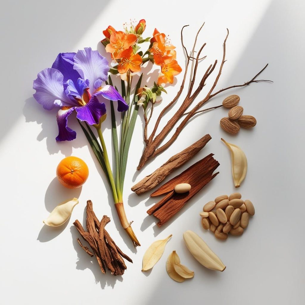 Tuberose, cedar and vanilla representing the olfactory notes of the perfume.