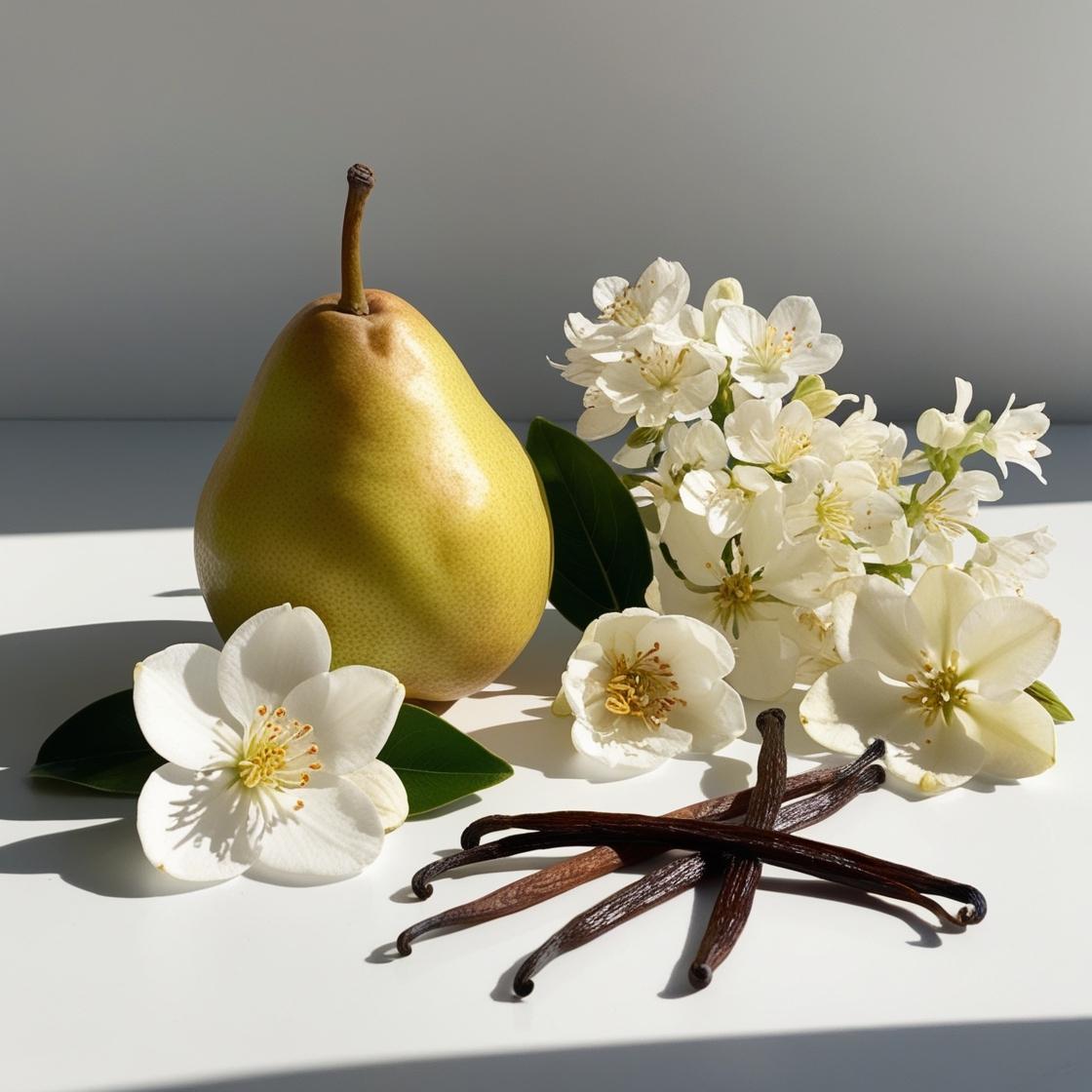 Jasmine, pear and vanilla representing the olfactory notes of the perfume.