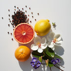 Grapefruit, violet and pepper representing the olfactory notes of the perfume.