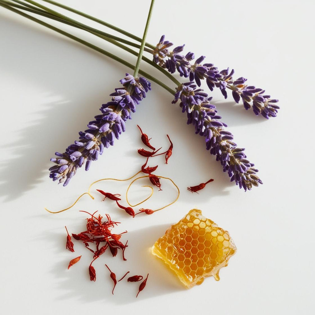Lavender, honey and saffron representing the olfactory notes of the perfume.