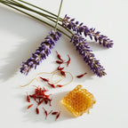 Lavender, honey and saffron representing the olfactory notes of the perfume.