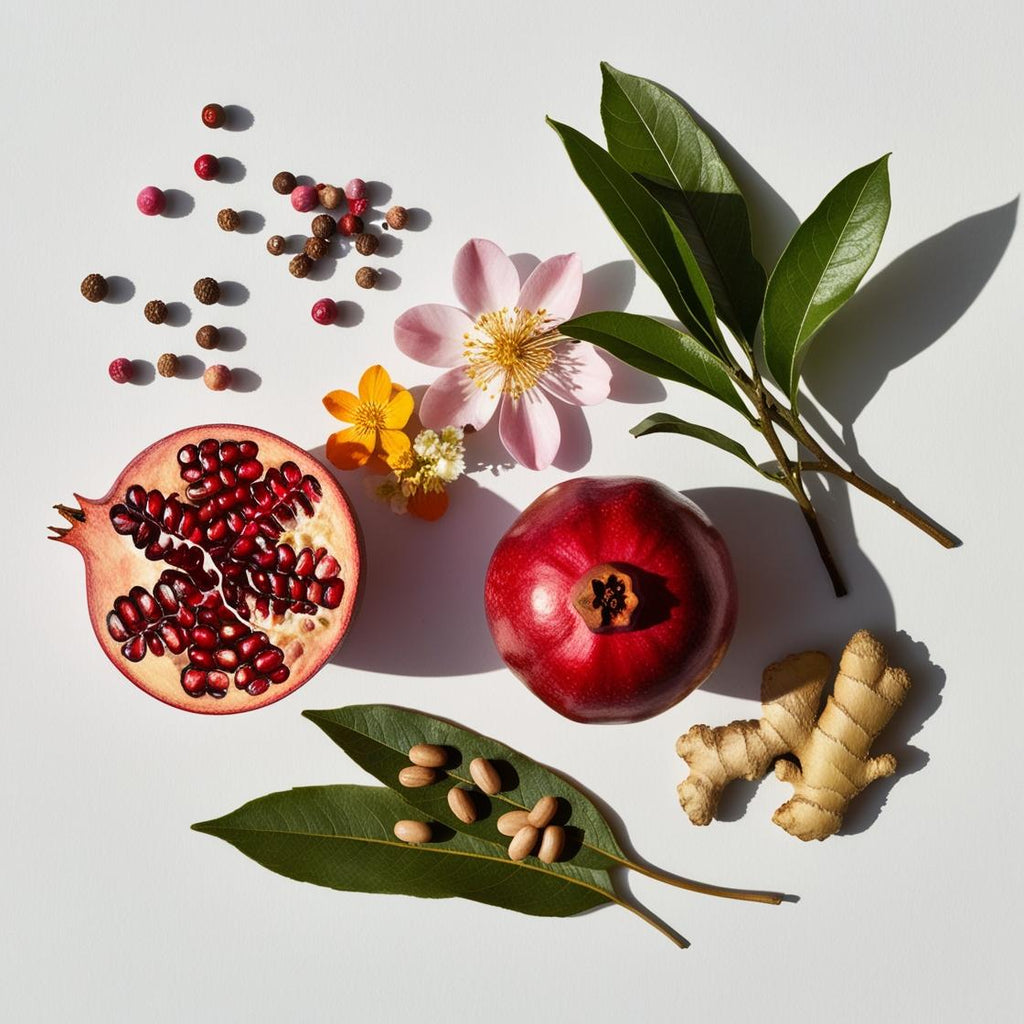 Pomegranate, pink pepper, ginger and orange blossom representing the olfactory notes of the perfume.