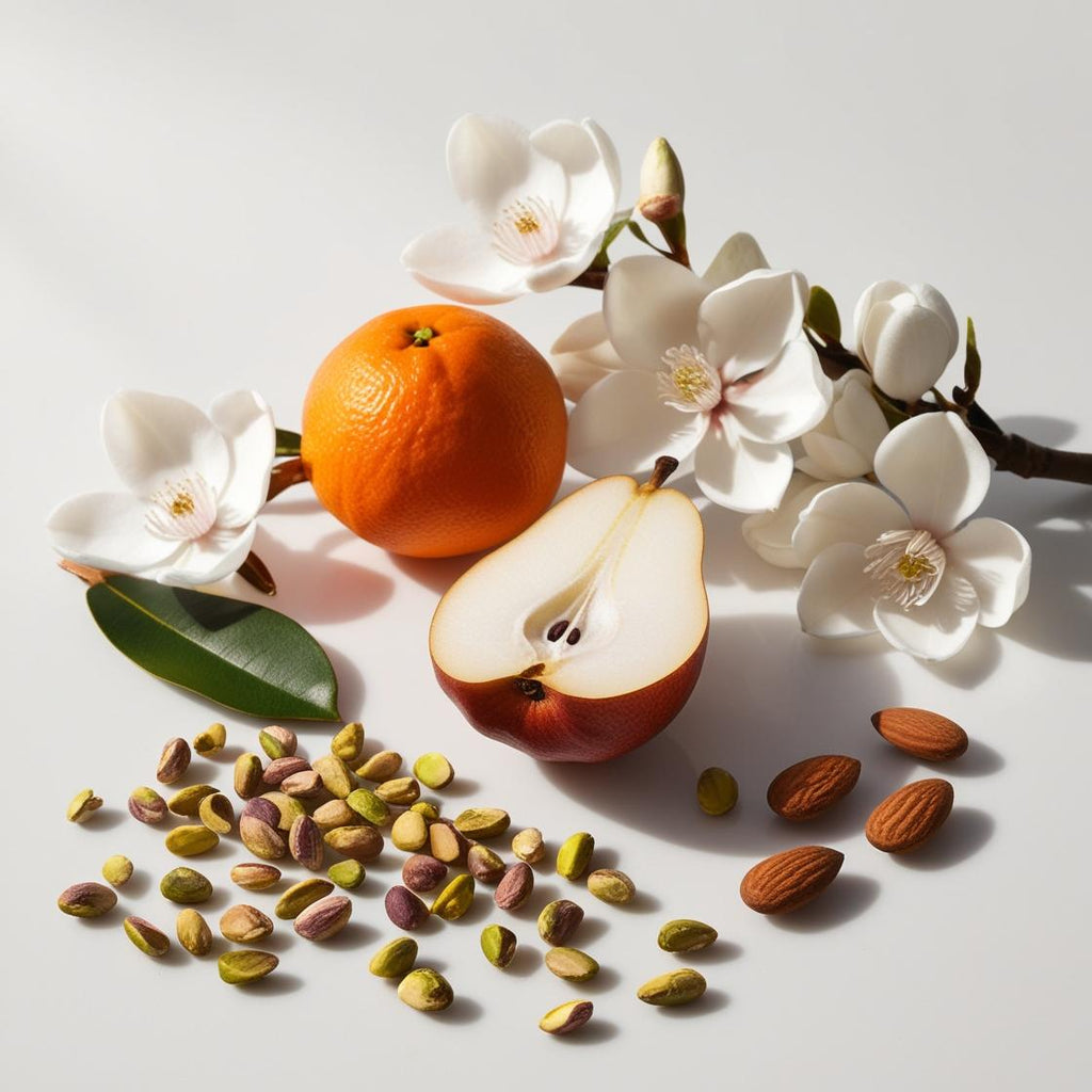 Mandarin, pear, pistachio and almond representing the olfactory notes of the perfume.
