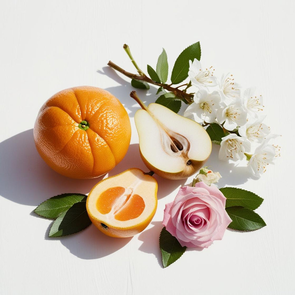 Pear, rose and jasmine representing the olfactory notes of the perfume.