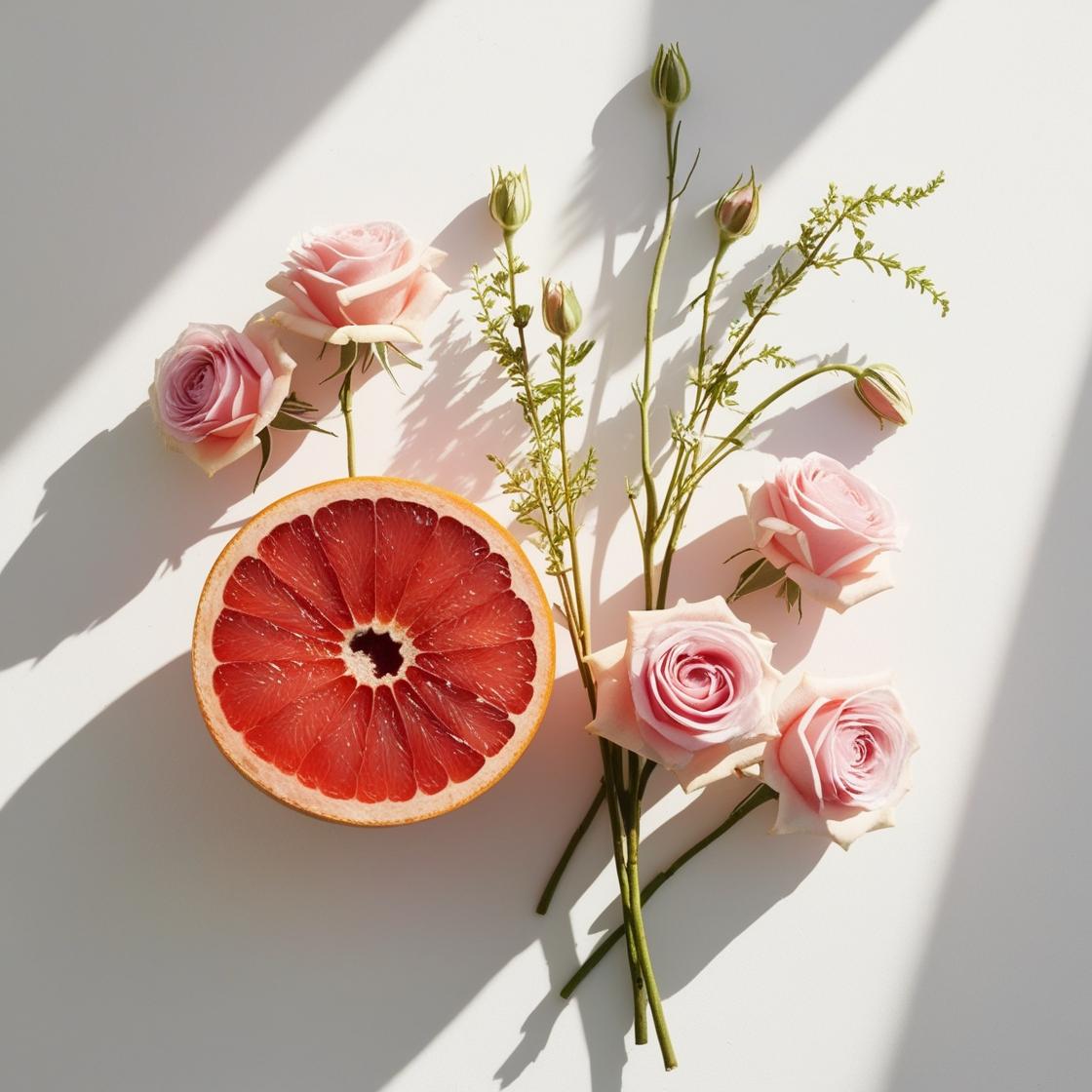 Grapefruit and roses representing the olfactory notes of the perfume.