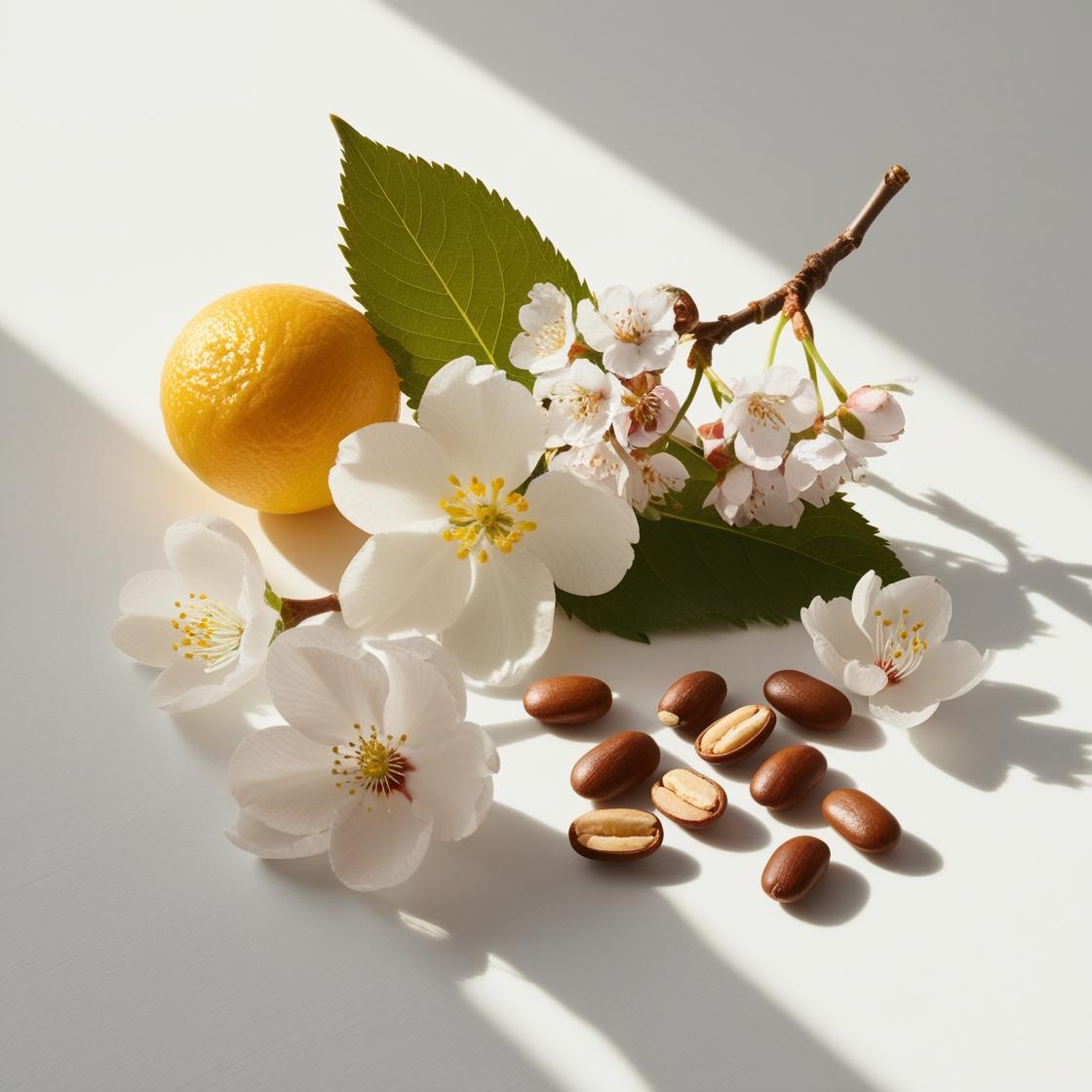 Cherry blossom and tonka bean representing the olfactory notes of the perfume.