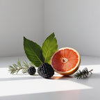 Grapefruit, bay leaf and blackberry representing the olfactory notes of the perfume.