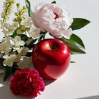 Red apple, carnation, jasmine and rose representing the olfactory notes of the perfume.