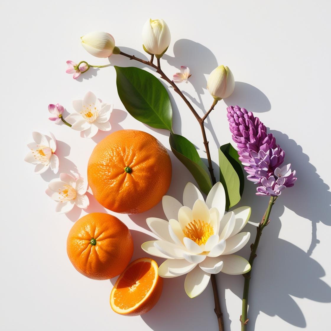 Clementine, lotus flower and lilac representing the olfactory notes of the perfume.