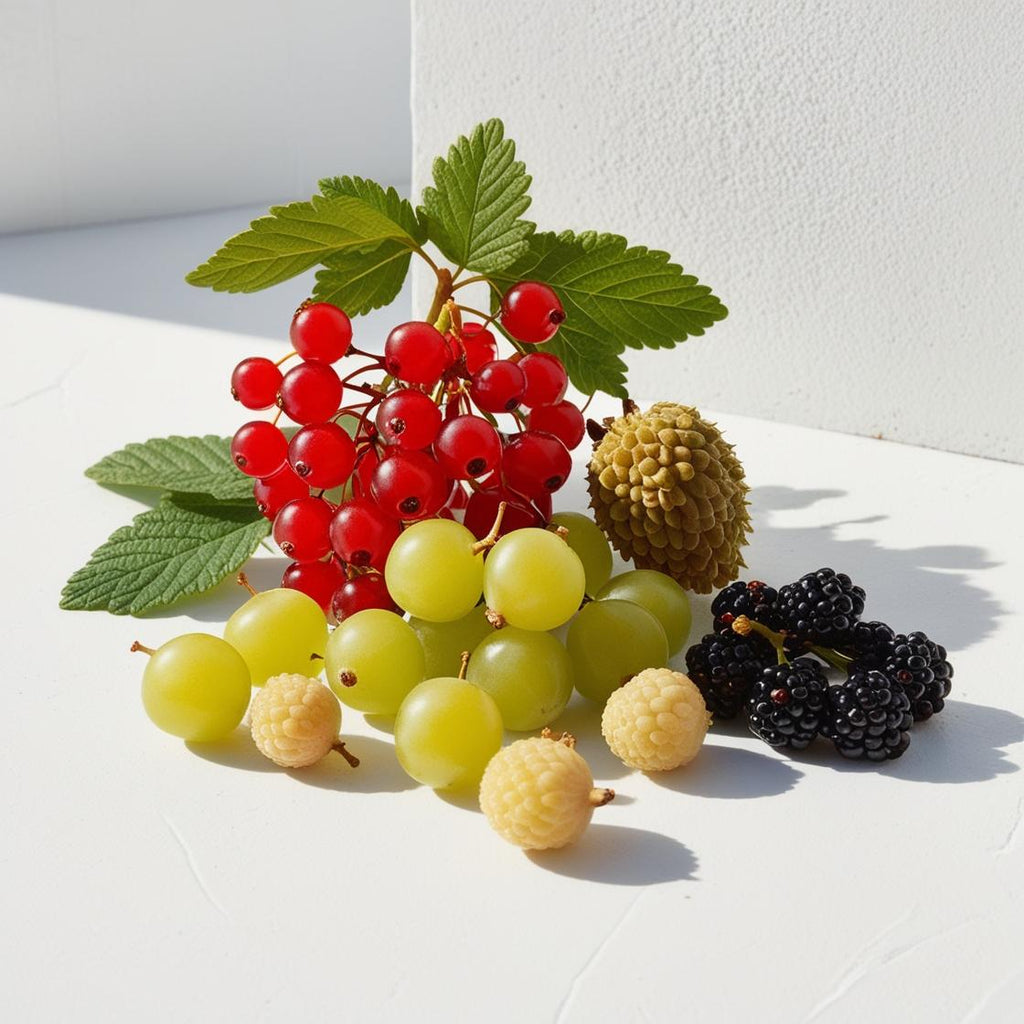 Gooseberry, lychee and elderberry representing the olfactory notes of the perfume.