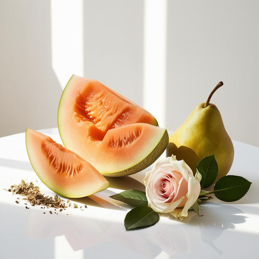 Melon, pear and rose representing the olfactory notes of the perfume.