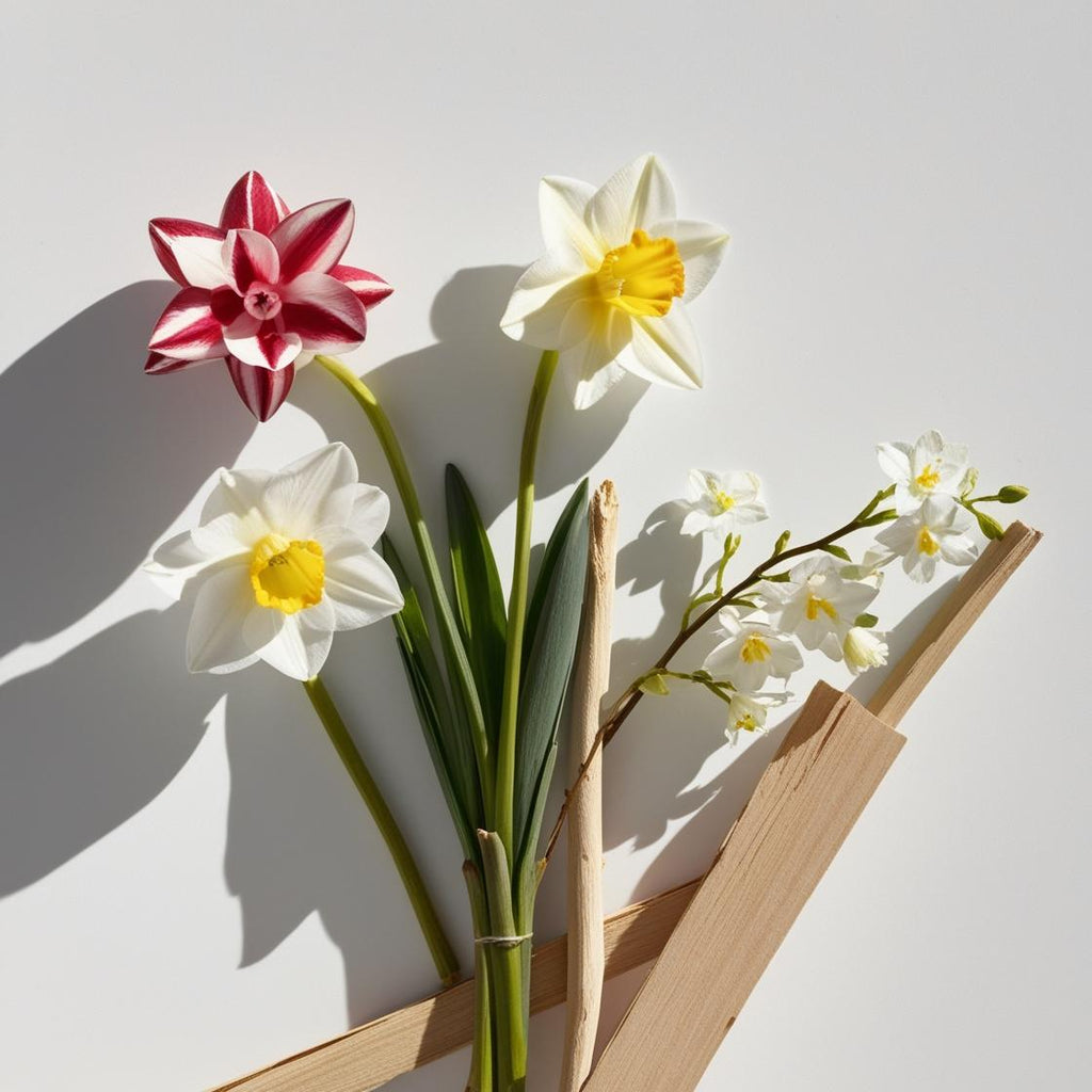 Violet, narcissus and jasmine representing the olfactory notes of the perfume.