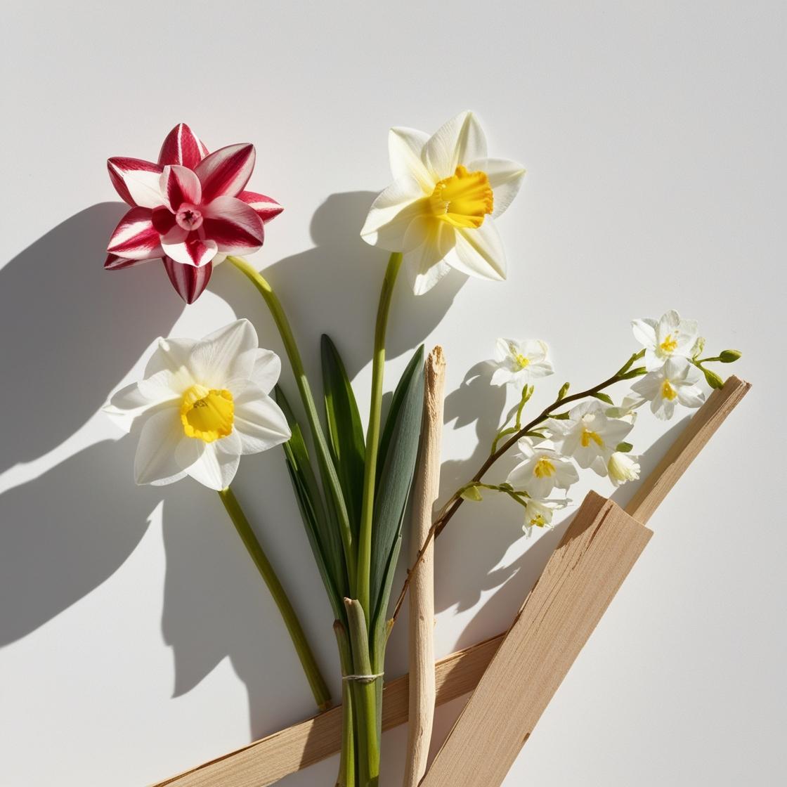 Violet, narcissus and jasmine representing the olfactory notes of the perfume.