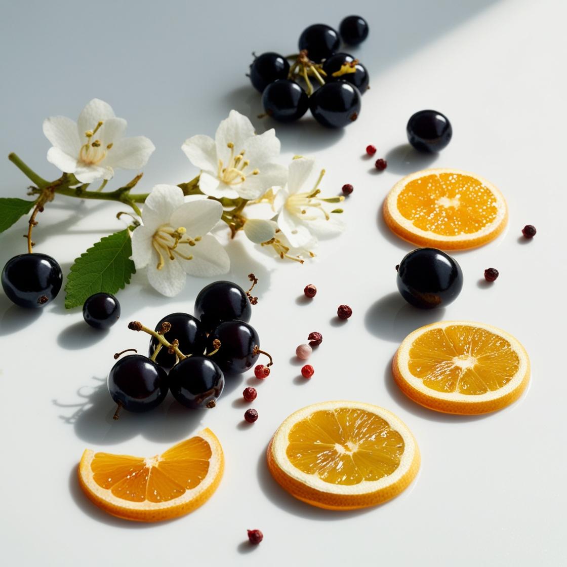 Jasmine and pink pepper representing the olfactory notes of the perfume.