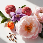 Rose, violet and aldehydes representing the olfactory notes of the perfume.