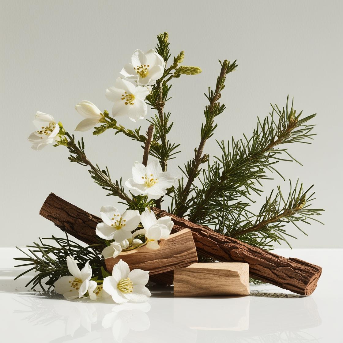 Jasmine, cedar and wood representing the olfactory notes of the perfume.