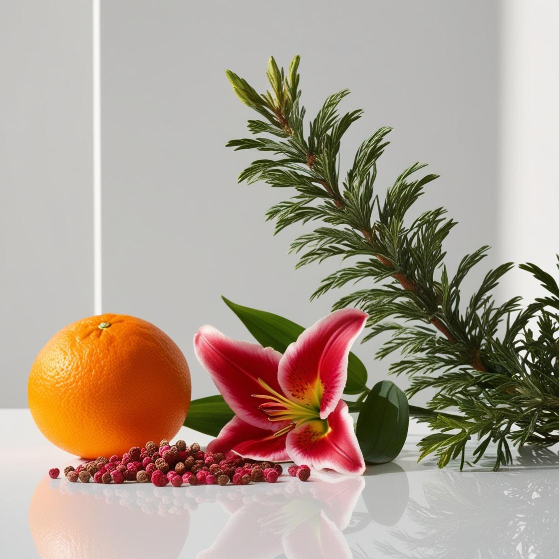 Orange, cypress, red lily and pink pepper representing the olfactory notes of the perfume.