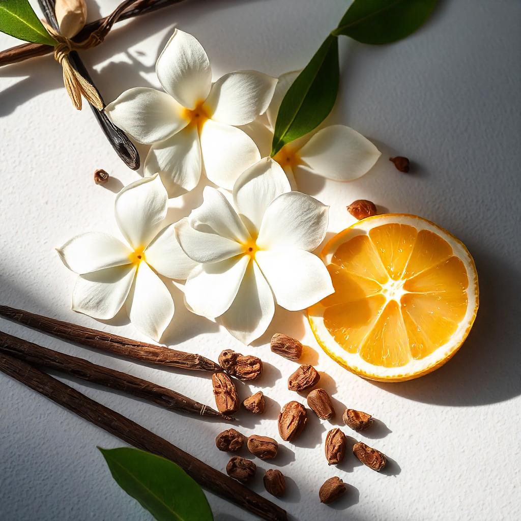 Vanilla, jasmine and benzoin representing the olfactory notes of the perfume.
