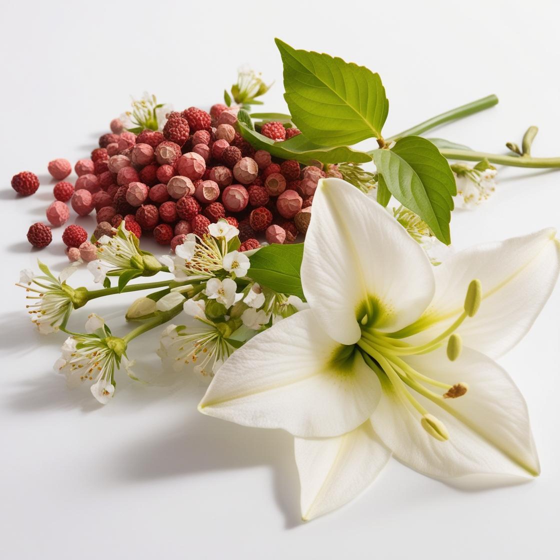 Lily and pink pepper representing the olfactory notes of the perfume.