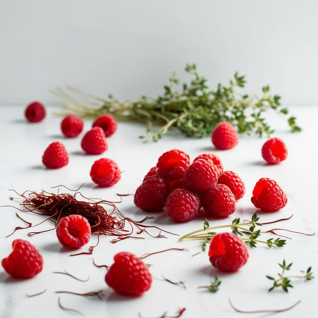 Raspberry, saffron and thyme representing the olfactory notes of the perfume.