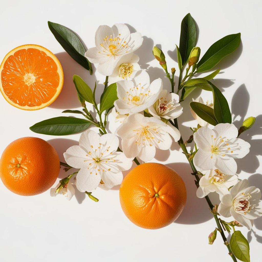 Jasmine and orange representing the olfactory notes of the perfume.