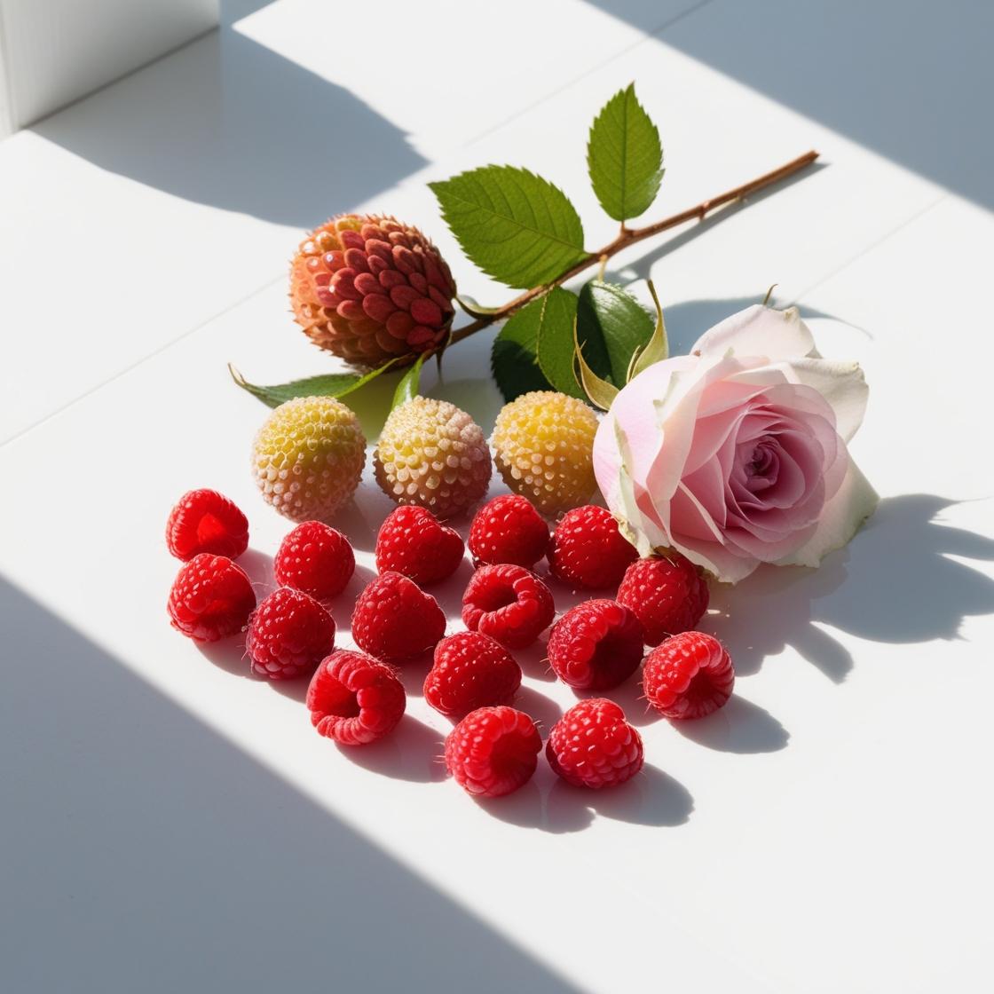 Lychee, rose and raspberry representing the olfactory notes of the perfume.