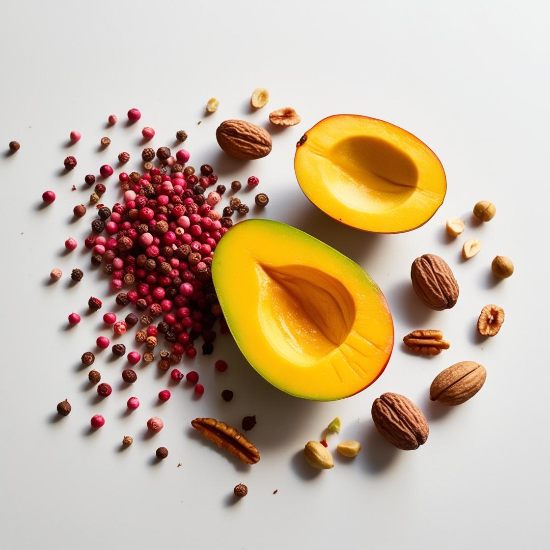 Mango, nuts and pink pepper represent the olfactory notes of the perfume.