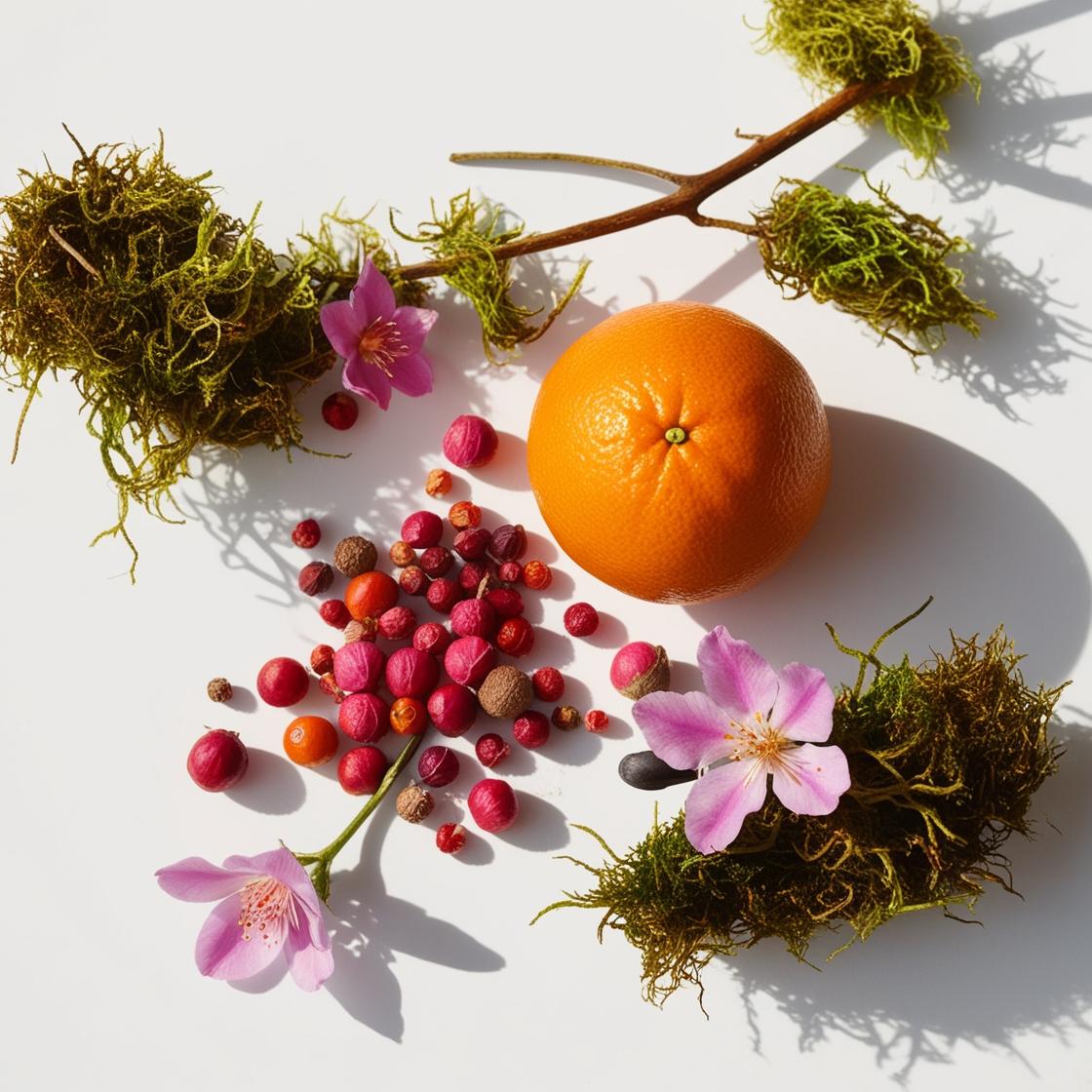 Orange, moss and pink pepper representing the olfactory notes of the perfume.