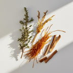 Labdanum, saffron and wood representing the olfactory notes of the perfume.