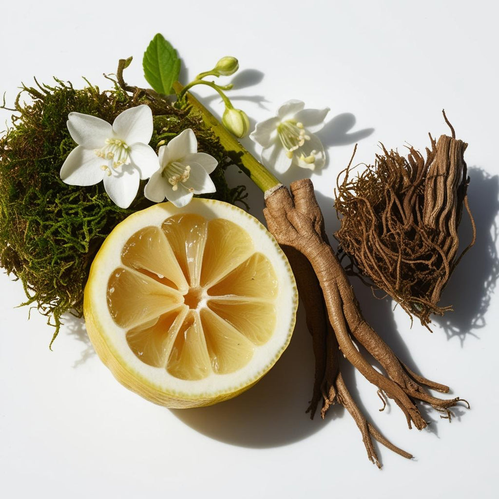 Olfactory notes of the perfume with lemon, a floral heart of orange blossom and an earthy base of vetiver and ginseng.