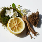 Olfactory notes of the perfume with lemon, a floral heart of orange blossom and an earthy base of vetiver and ginseng.