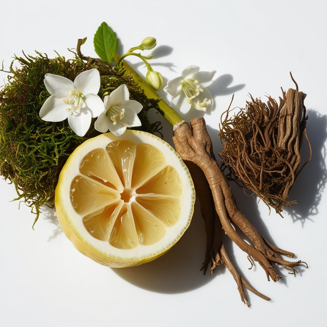 Olfactory notes of the perfume with lemon, a floral heart of orange blossom and an earthy base of vetiver and ginseng.