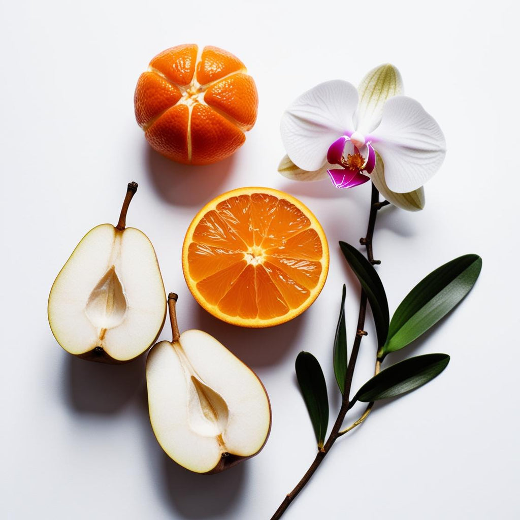 Mandarin, pear and orchid representing the olfactory notes of the perfume.