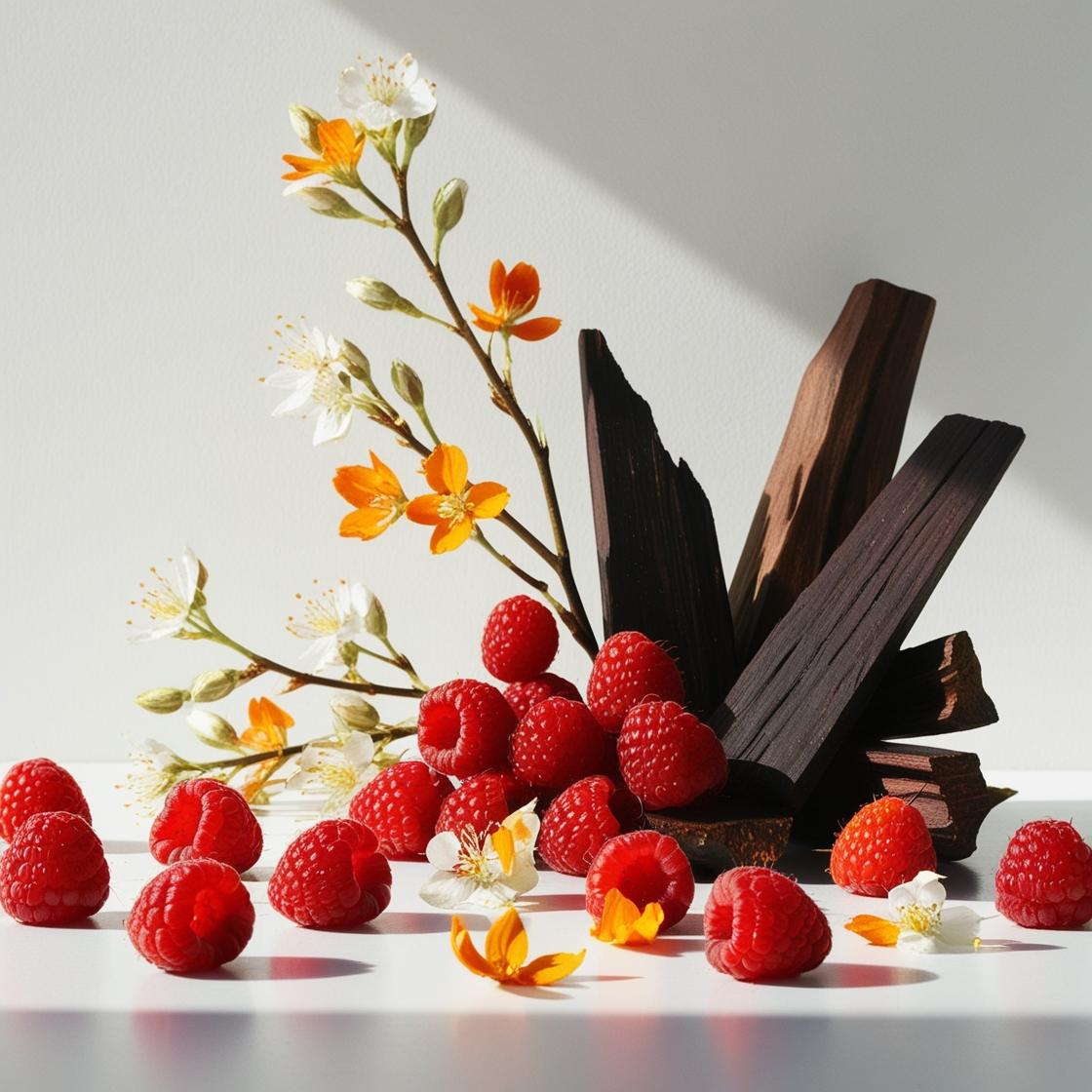 Orange blossom, raspberry and wood representing the olfactory notes of the perfume.