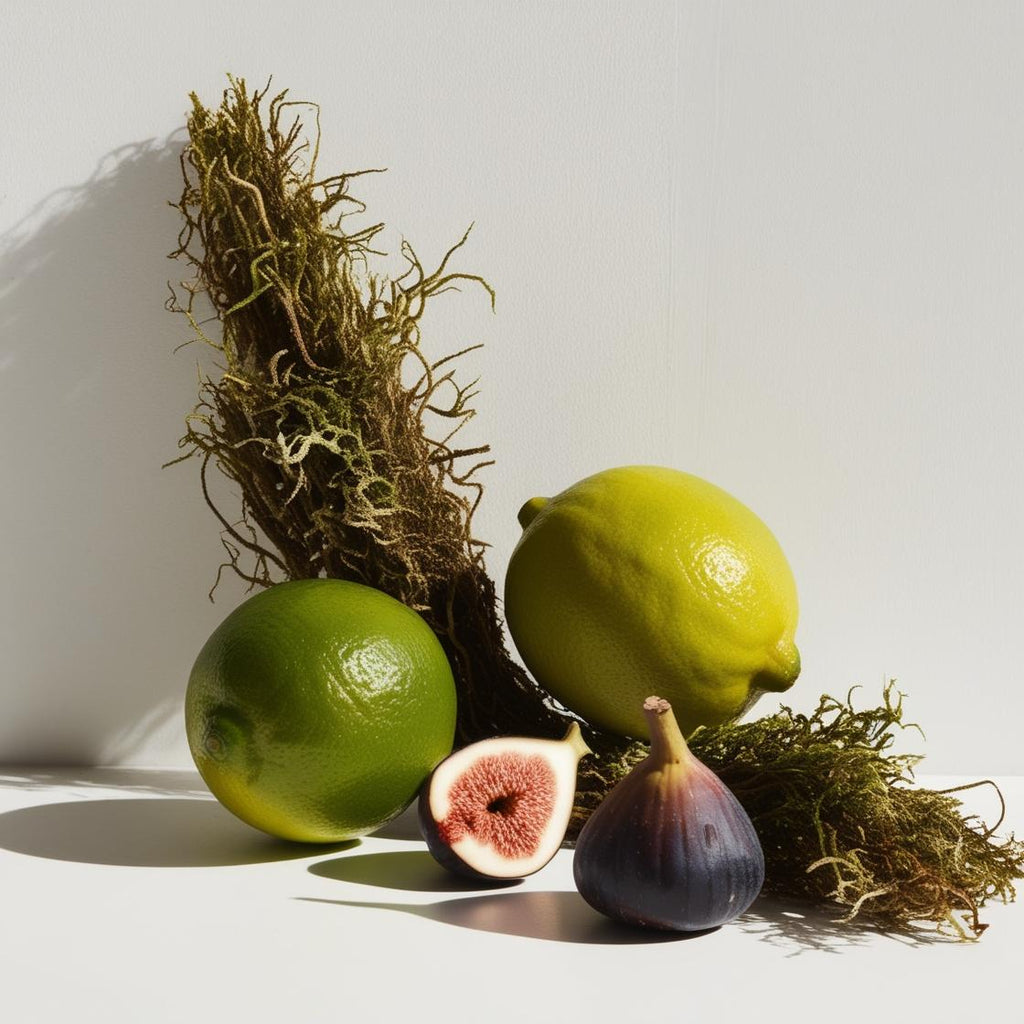 Lime, figs and moss representing the olfactory notes of the perfume.