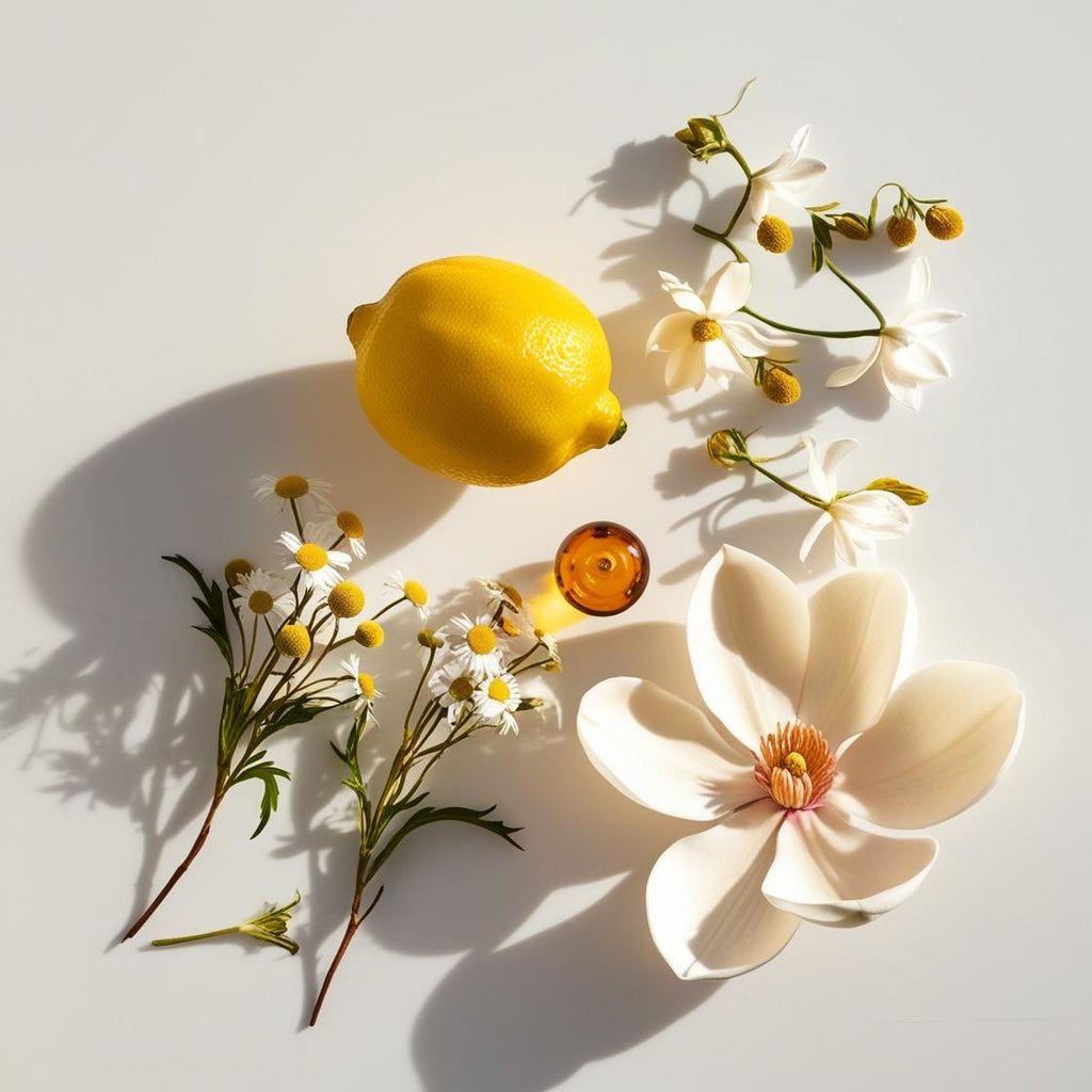 Lemon, jasmine and amber representing the olfactory notes of the perfume.