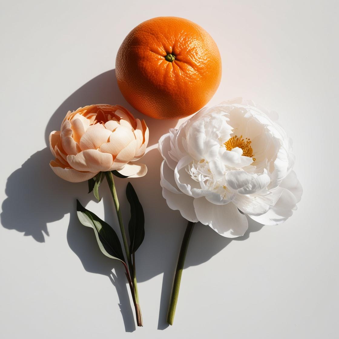 Orange and peony representing the olfactory notes of the perfume.