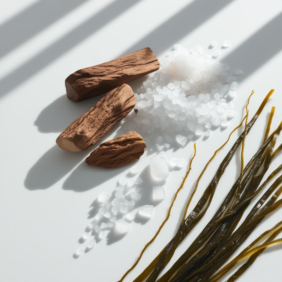 Sea salt, seaweed and wood representing the olfactory notes of the perfume.