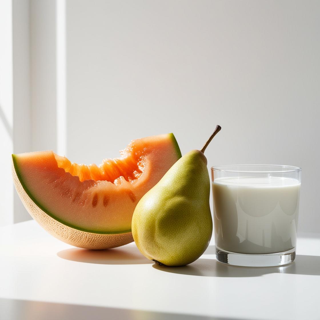 Malon, pear and milk representing the olfactory notes of the perfume.