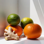 Ginger, mandarin and orange representing the olfactory notes of the perfume.