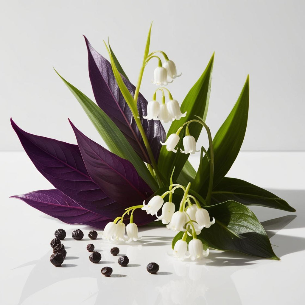 Violet leaves, lily and black pepper representing the olfactory notes of the perfume.