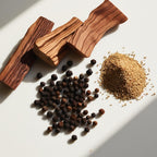 Cumin, wood and pepper representing the olfactory notes of the perfume.