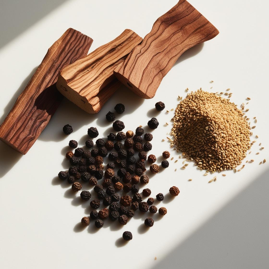 Cumin, wood and pepper representing the olfactory notes of the perfume.