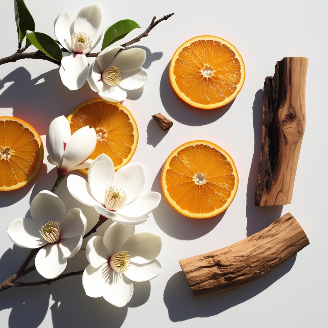 Orange, jasmine and wood representing the olfactory notes of the perfume.