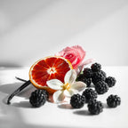 Orange, rose and blackberry representing the olfactory notes of the perfume.