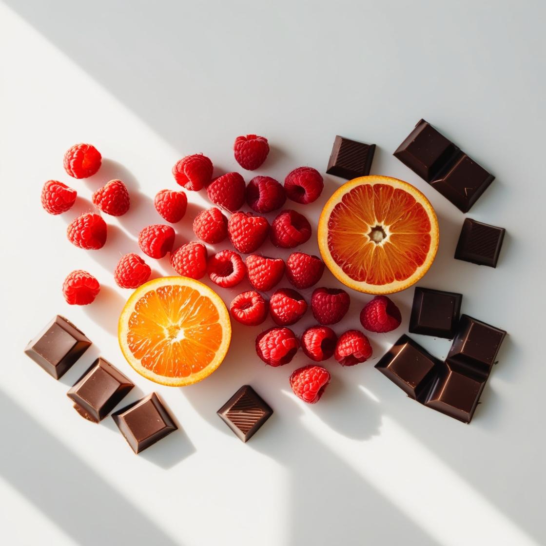 Mandarin and raspberry representing the olfactory notes of the perfume.