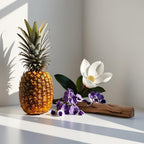 Pineapple, jasmine, violet and wood representing the olfactory notes of the perfume.